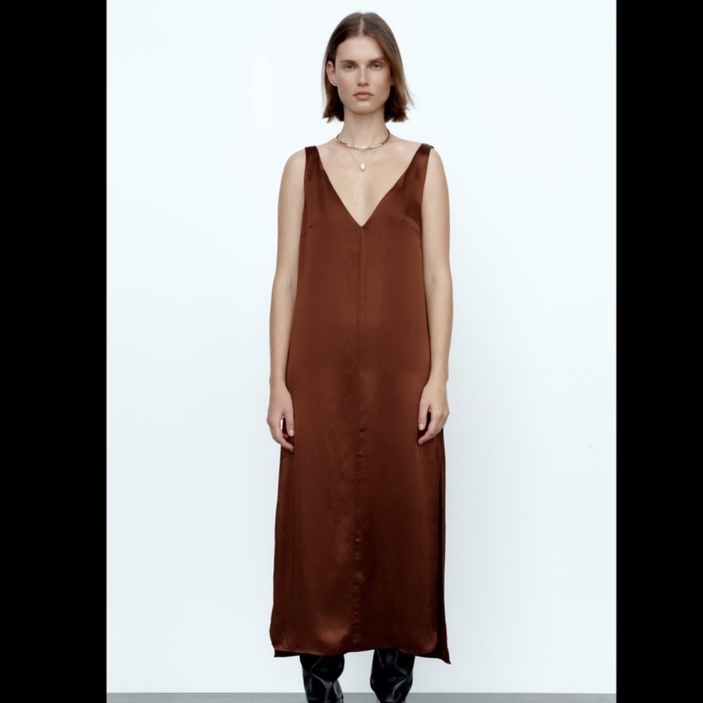 Zara Brown Satin Effect Midi Dress